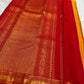 Full length view of mango mambazham yellow pure silk Kanchipuram saree with red antique gold zari border and pallu