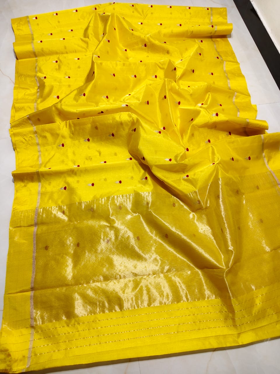 Yellow Chanderi saree with ruby-red and silver-toned buttas