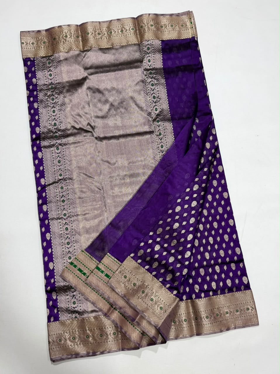 Purple handloom Chanderi saree with silver-toned buttas
