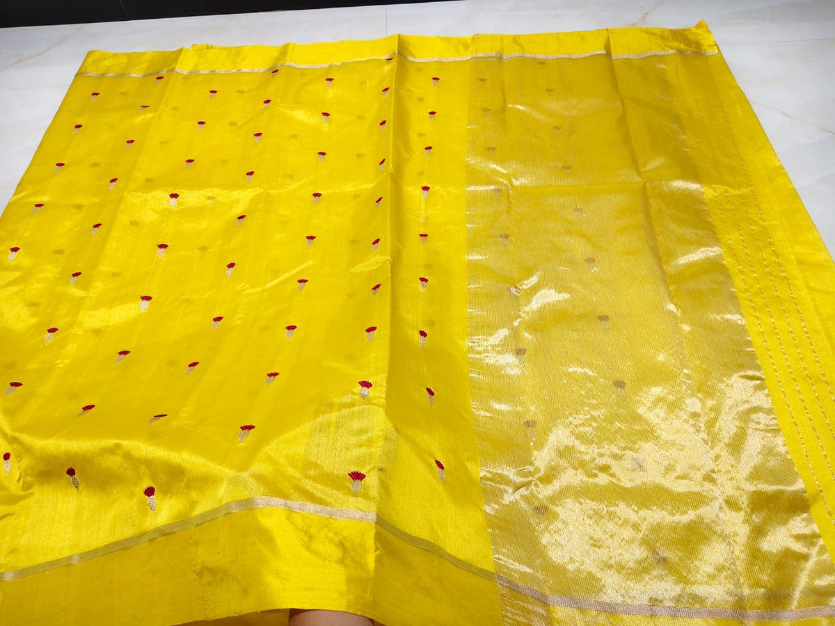 Yellow and ruby-red butta handloom Chanderi saree