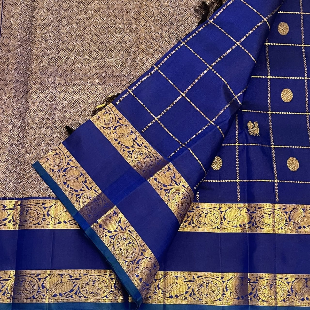 Deep Blue Pure Silk Kanjeevaram saree with Kamalam and Annam gold zari border