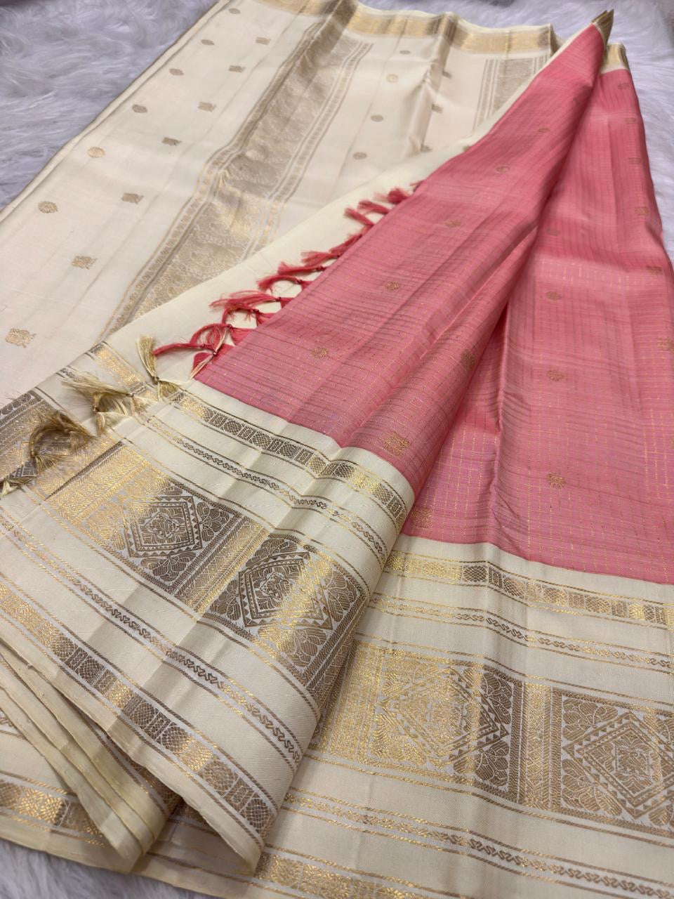 Coral Rose Pink Handwoven Pure Silk Kancheepuram Saree with Zari Kattam Checks and Warm Ivory Border