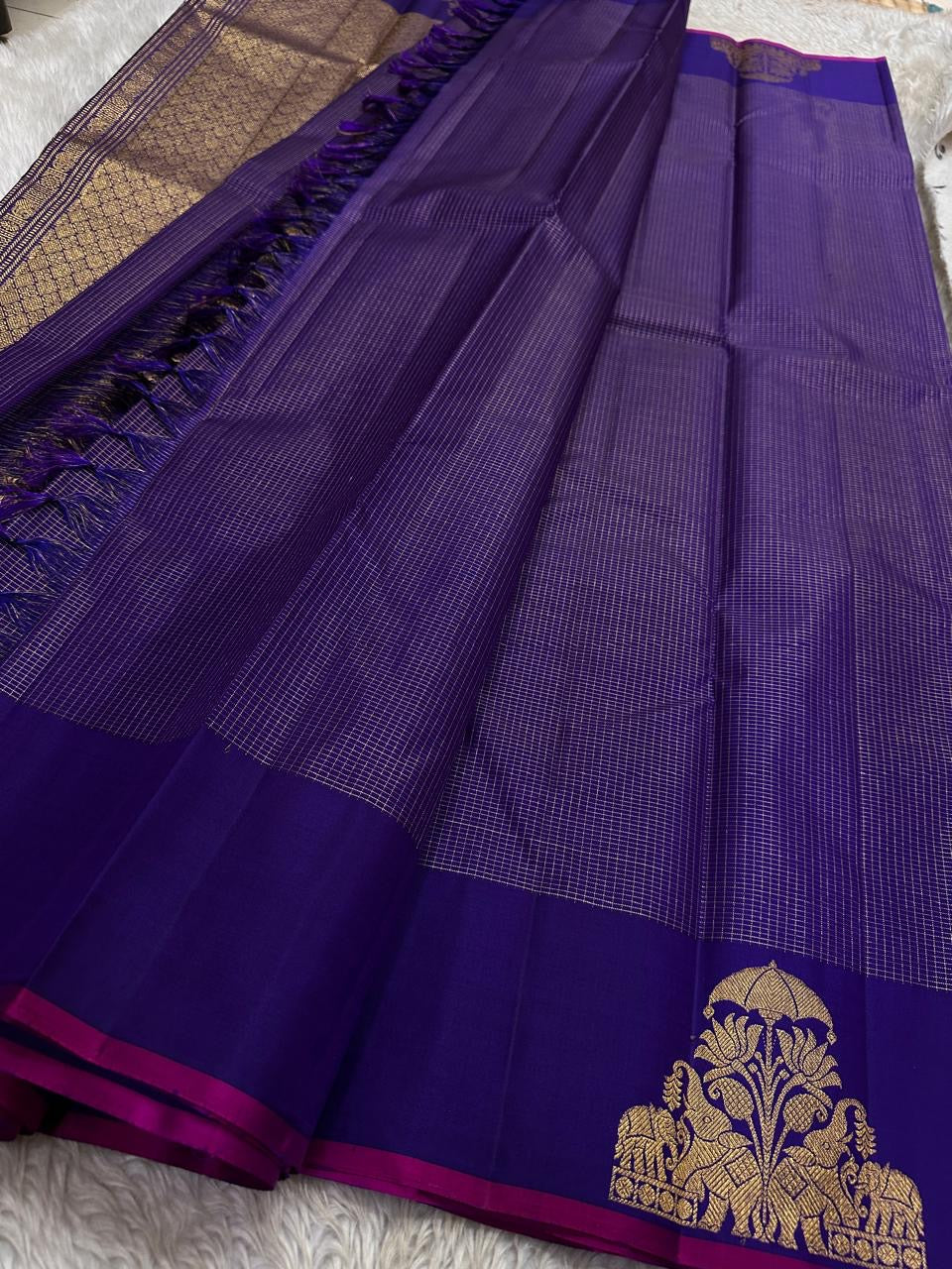 Royal Purple Handwoven Pure Silk KanchiPattu Saree with Zari Kattam Sri Lakshmi Motif Border