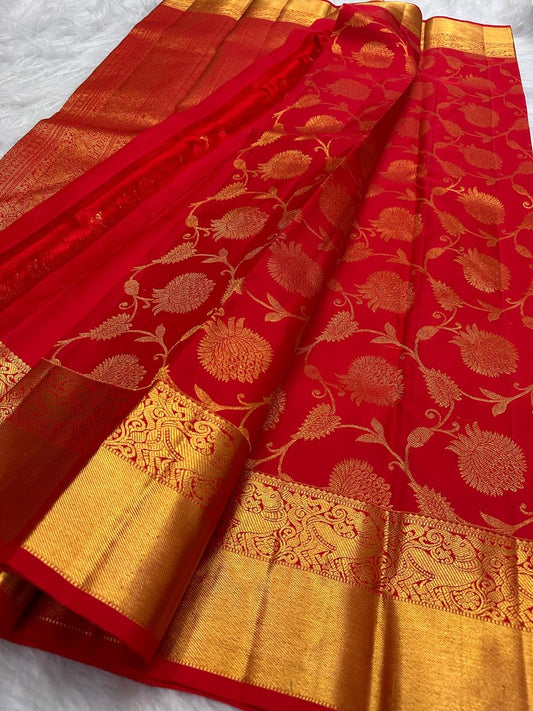 Kumkum Red Floral Jaal Pure Silk Kanchipuram Saree with Grand Gold Peacock & Yazhi Border: view 1